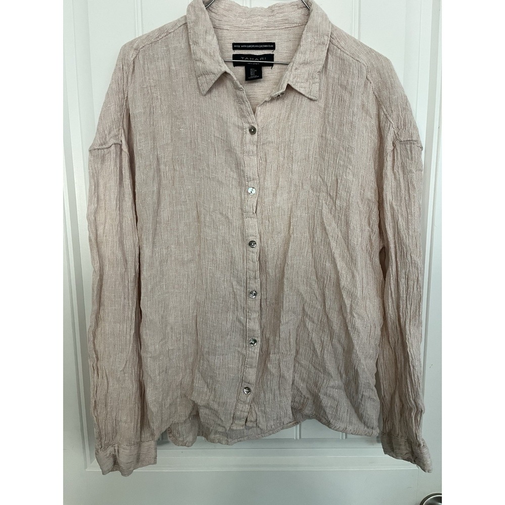 Tahari Beige 100% Linen Long Sleeve Button Down Shirt Womens Large Blouse 771